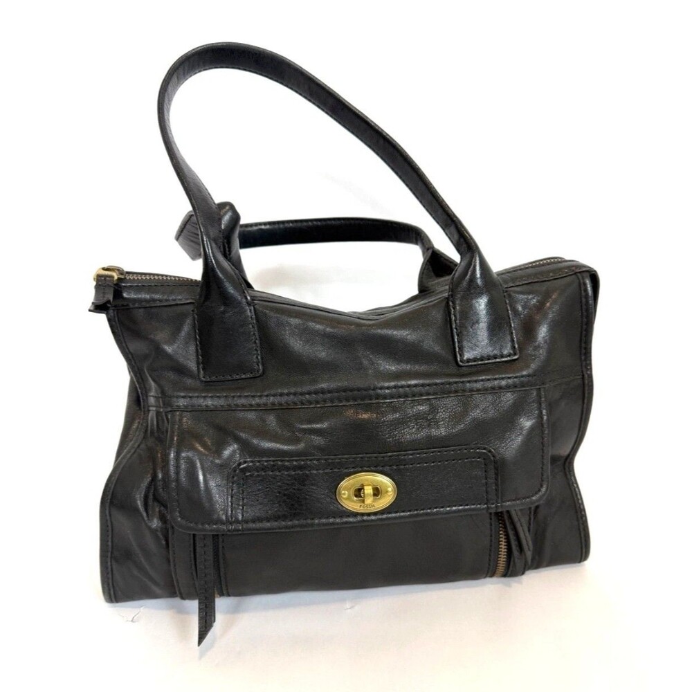 Retro FOSSIL Black Stanton LEATHER ShoulderBag ZipTop LAPTOP Tote 15x11 EUC